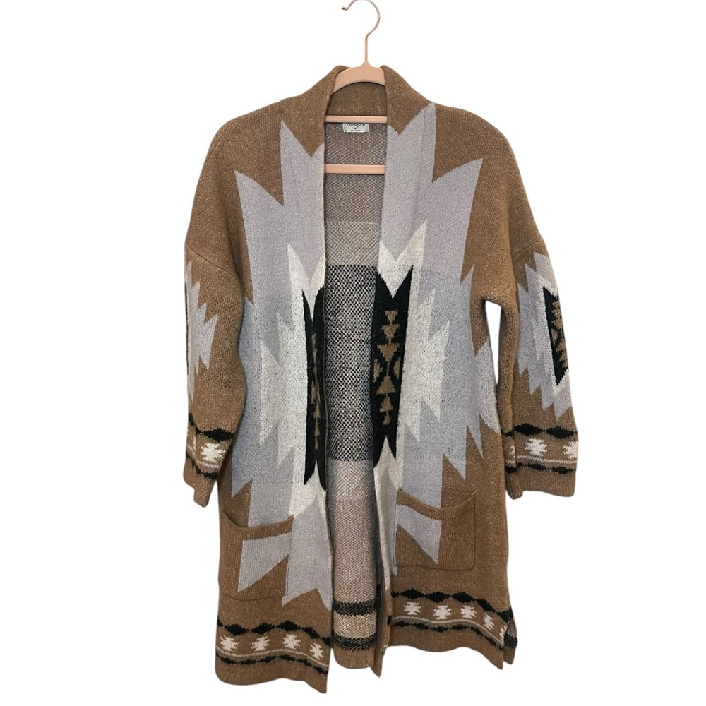 Winslow southwest western graphic longer length cardigan open front tan gray med